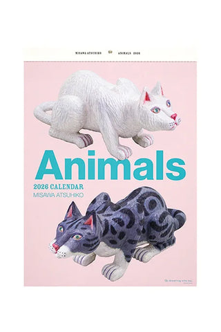 Calendar cover with illustrations of two animal figurines on a pink background