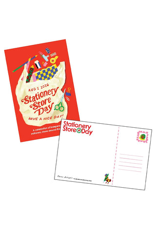 Postcard with colorful stationery illustrations and text reading 'Stationery Store Day' with items coming out of a shopping bag, backside shows a bug and pen, and a space to write a message and place a stamp