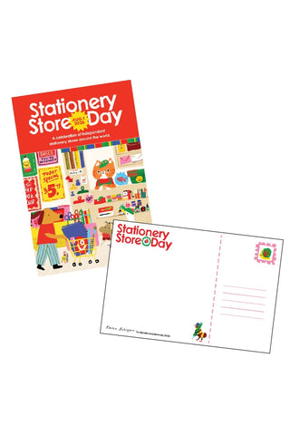 Postcard featuring a colorful 'Stationery Store & Day' with animals shopping a storefront with backside with bug and pen, and a space to write a message and place a stamp