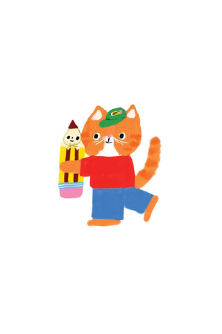 A colorful cartoon illustration of an orange cat wearing a green cap, red shirt, and blue pants, holding a pencil-shaped character against a plain white background.