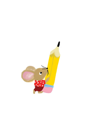 Mini die cut sticker of illustration with tiny mouse wearing red clothes holding a sharpened pencil