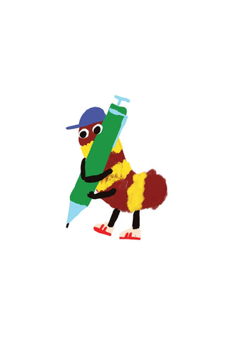 Sticker of a catepillar wearing sneakers and a blue hat holding a green and blue pen