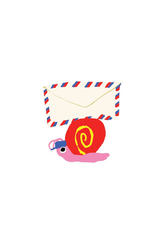 Sticker of a pink and red snail with a blue hat holding up a red white and blue envelope
