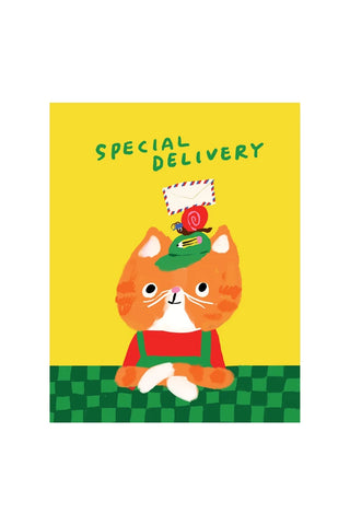Colorful greeting card that reads 'special delivery' with a cat wearing an apron and a hat with a snail holding mail on top of its head