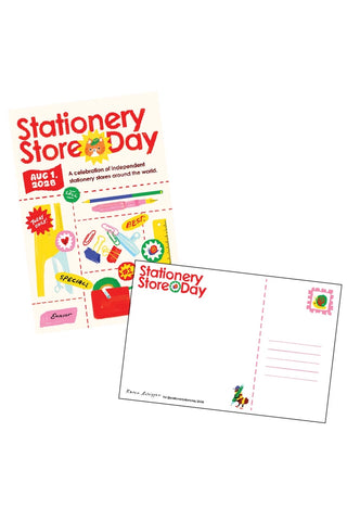 Postcard featuring a colorful 'Stationery Store & Day' promotion with backside with bug and pen, and a space to write a message and place a stamp