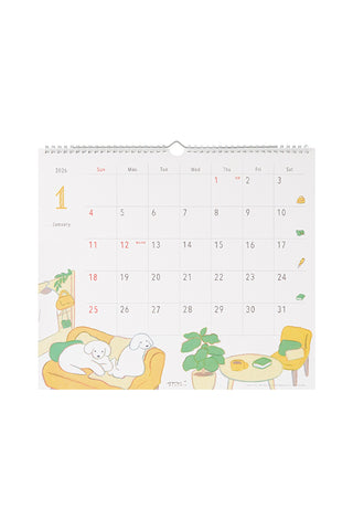 Calendar with a cute illustration of a dog on a couch, potted plant, and cup.