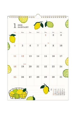 Calendar with lemon and lime illustrations on a white background