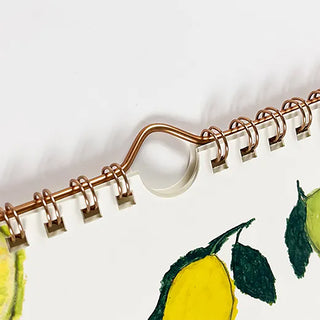 Close-up of a gold ring spiral bound calendar with a white background