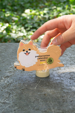 Hand holding 2027 Pomeranian mini die-cut calendar on round base