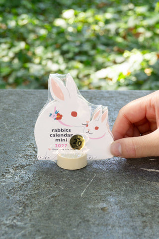 Rabbits mini die-cut calendar with hand-held bunny cutout and 2027 coin