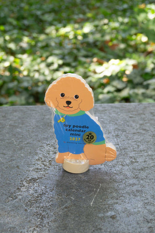 Toy poodle mini die-cut calendar standee with blue shirt, 2027 badge