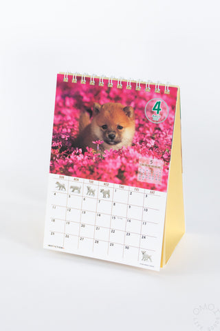 A spiral-bound desk calendar featuring a photo of a small dog sitting in a field of bright pink flowers, with a grid calendar page below