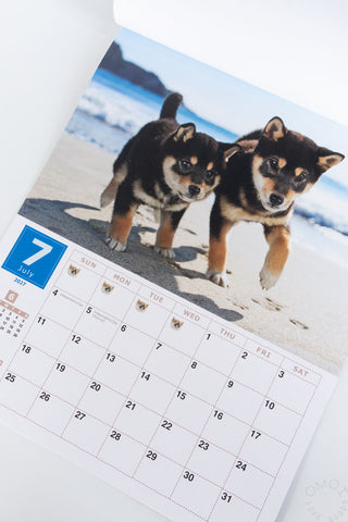 calendar page showing two puppy dogs walking on a beach, with the date July 2027 and a calendar grid below the photo.