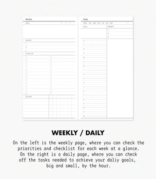 Two planner pages showing weekly and daily schedules with text description.