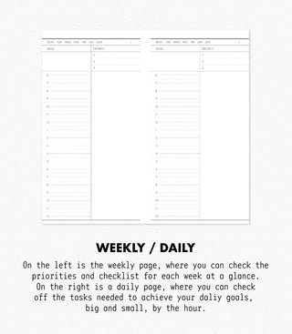 Weekly and daily planner with text on a white background