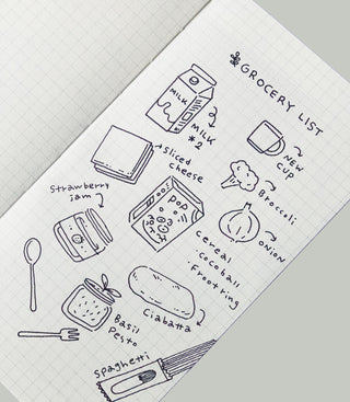 Hand-drawn grocery list with various items on a white background