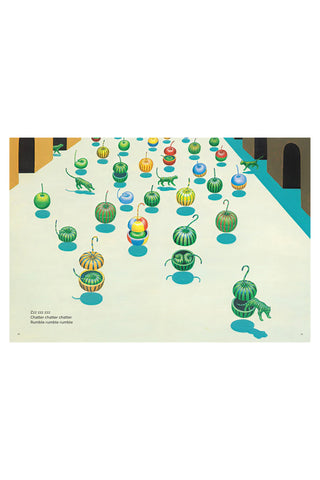 Illustration of colorful fruit-like tiger characters on a white background