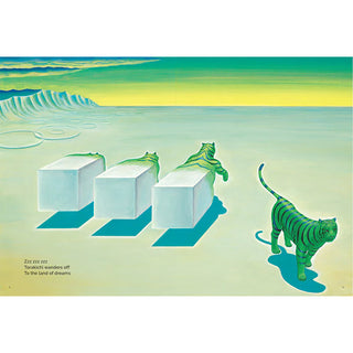 Illustration of a green tiger walking on sand with white blocks in the background.