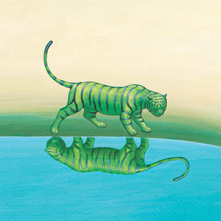 Green tiger walking near water with a reflection