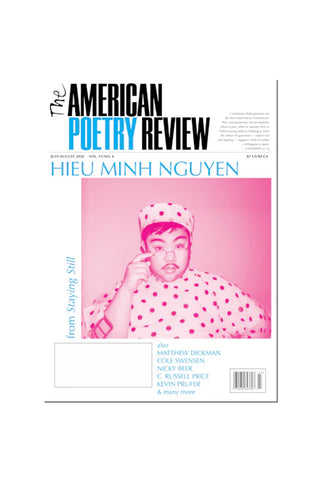 The American Poetry Review magazine cover from July-August 2026, featuring a bright pink cover design with a central portrait of Hieu Minh Nguyen in a polka-dotted outfit.