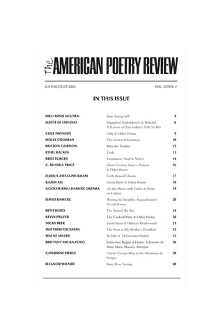 Table of contents page from The American Poetry Review showing the title at the top and a list of featured poems and authors below on a white page.