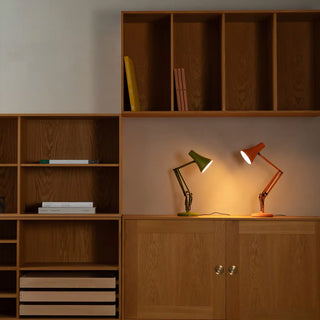 Wooden shelves with books and a desk lamp in a room setting
