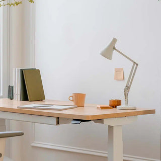 Home office desk setup with a lamp, mug, and books on a light-colored wall background.