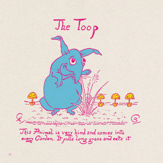 Illustration of a blue creature with pink text on a beige background