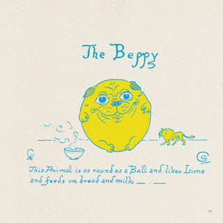 Illustration of a round yellow creature with blue text on a beige background