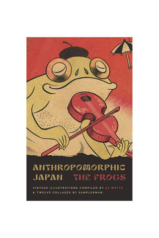 Book cover of 'Anthropomorphic Japan: The Frogs' with a frog playing a violin on a red background.