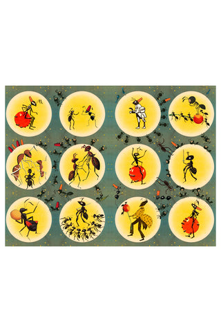 Illustrations of ants in various poses on a patterned background