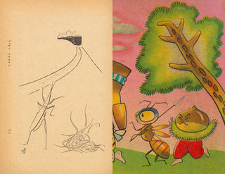 Illustration of a praying mantis on the left and a cartoon bee on the right.