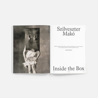 Magazine page with a black and white photo of a person and text 'Szilveszter Makó Inside the Box' on a white background