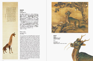 Book open to a page with illustrations of a giraffe, deer, and dragon-like creature, accompanied by text.