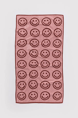 baggu bath towel with pink and red smiley face pattern