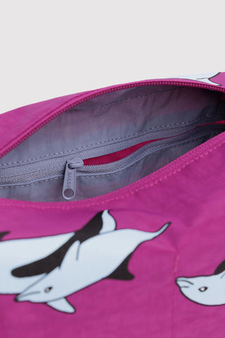 Pink pouch with dolphin design on a white background