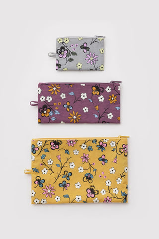 3 set of pouches in floral pattern with gray, purple, and yellow