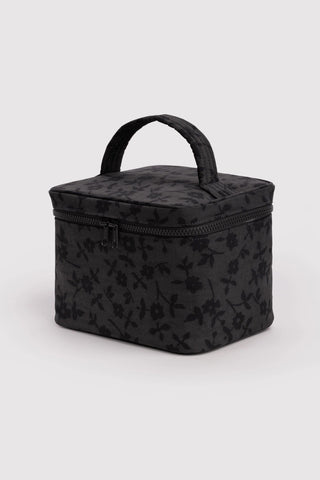 cosmetic case with handle in black floral pattern