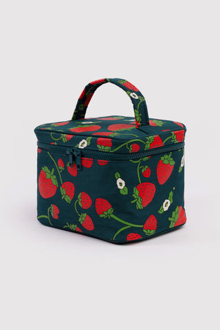 large cosmetic case with handle and strawberry print