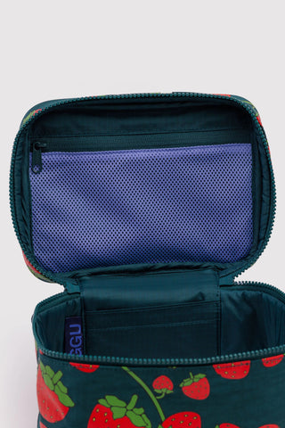 cosmetic case with zipper compartment in strawberry print
