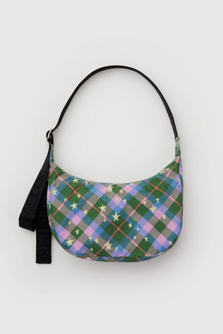 BAGGU Medium Nylon Crescent Bag Green Star Plaid