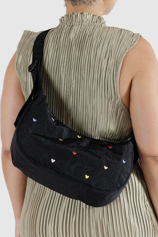 BAGGU Medium  Nylon Crescent Bag Embroidered Hearts