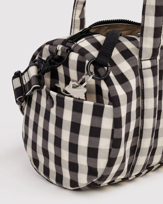 BAGGU Nylon Duffle Bag Black and Cream Gingham