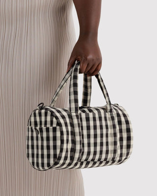 BAGGU Nylon Duffle Bag Black and Cream Gingham