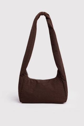 Brown shoulder bag on a light gray background