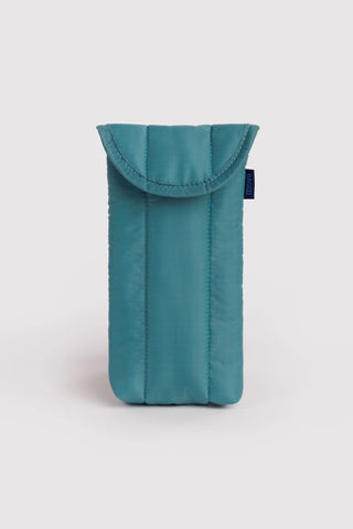puffy glasses sleeve in teal peacock color on a light background