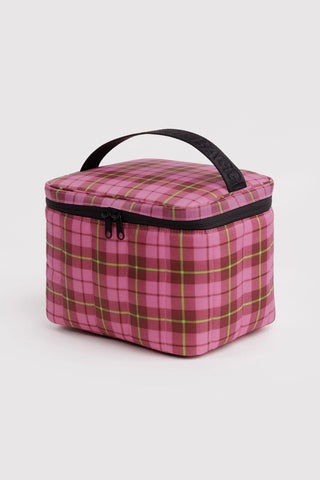 lunch bag with handle and pink tartan pattern