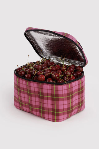 lunch bag with pink tartan pattern and cherries inside