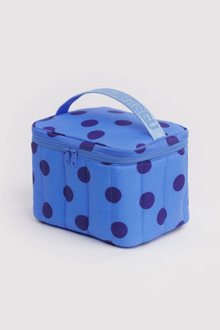 lunch bag with handle and blue polka dot pattern