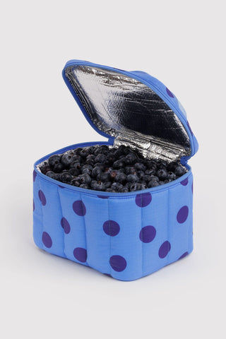 lunch bag with blue polka dot pattern and blueberries inside
